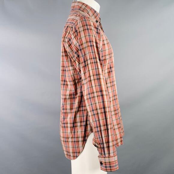 S Red Grey Plaid Cotton One Pocket Button Down Collar Long Sleeve Shirt - Picture 2 of 5